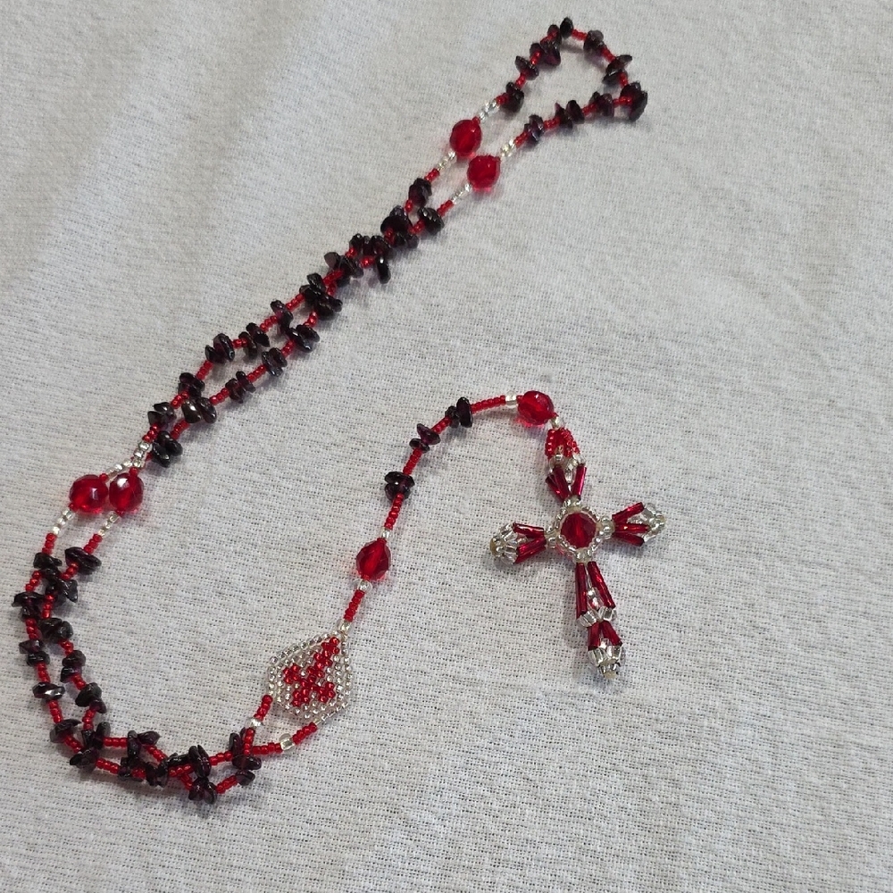 Elegant Red and Silver Beaded Rosary Necklace